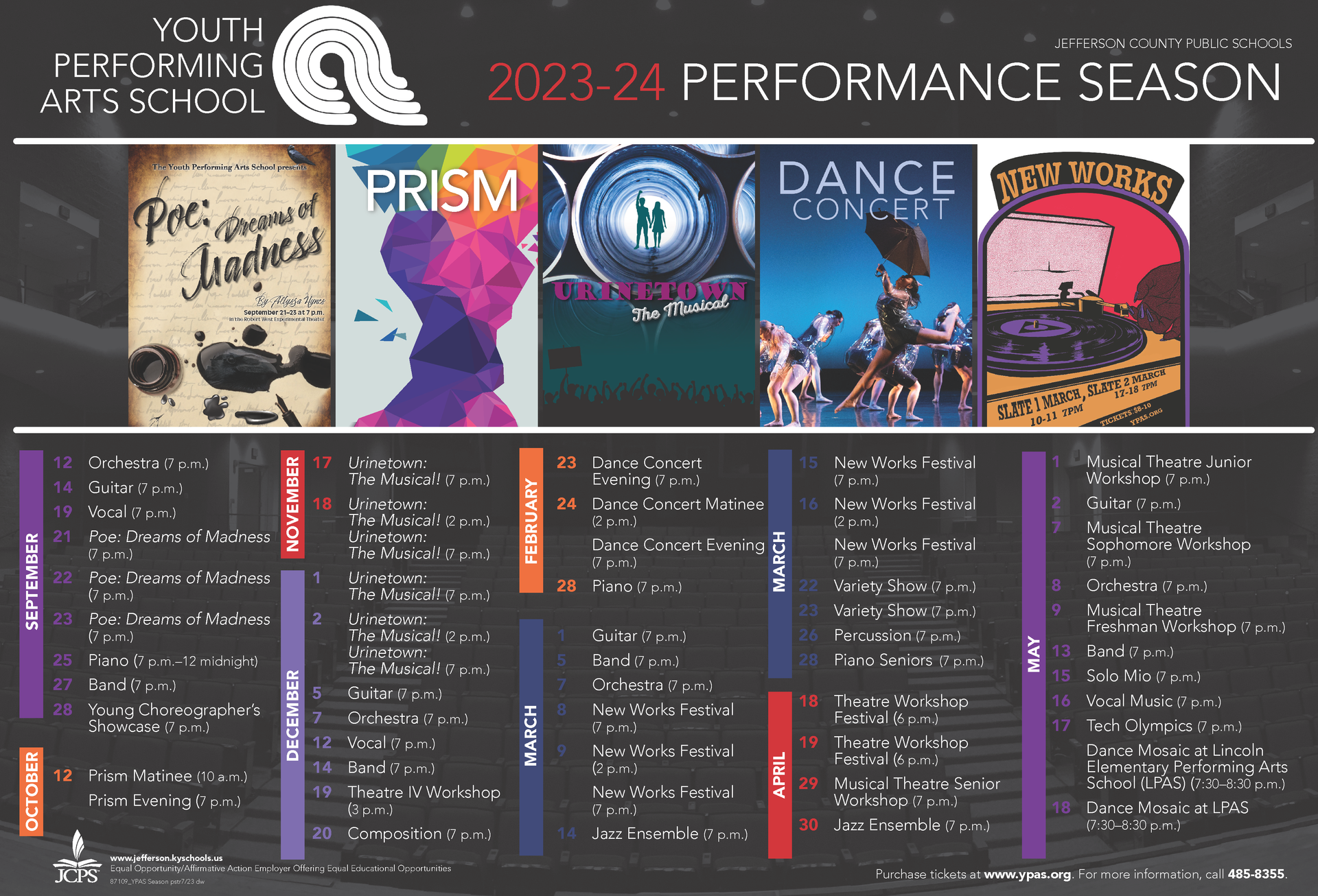a poster for the 2023-24 performance season of youth performing arts school