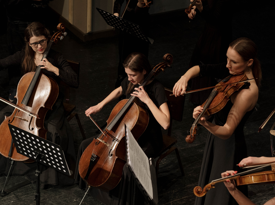 a group of women are playing violins and cello in an orchestra