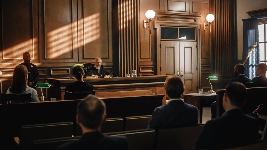 A group of people are sitting in a courtroom listening to a judge