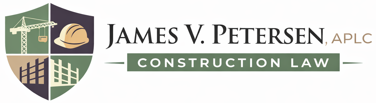 Logo for James V. Petersen, APLC, Construction Law, featuring a shield icon with construction imagery.