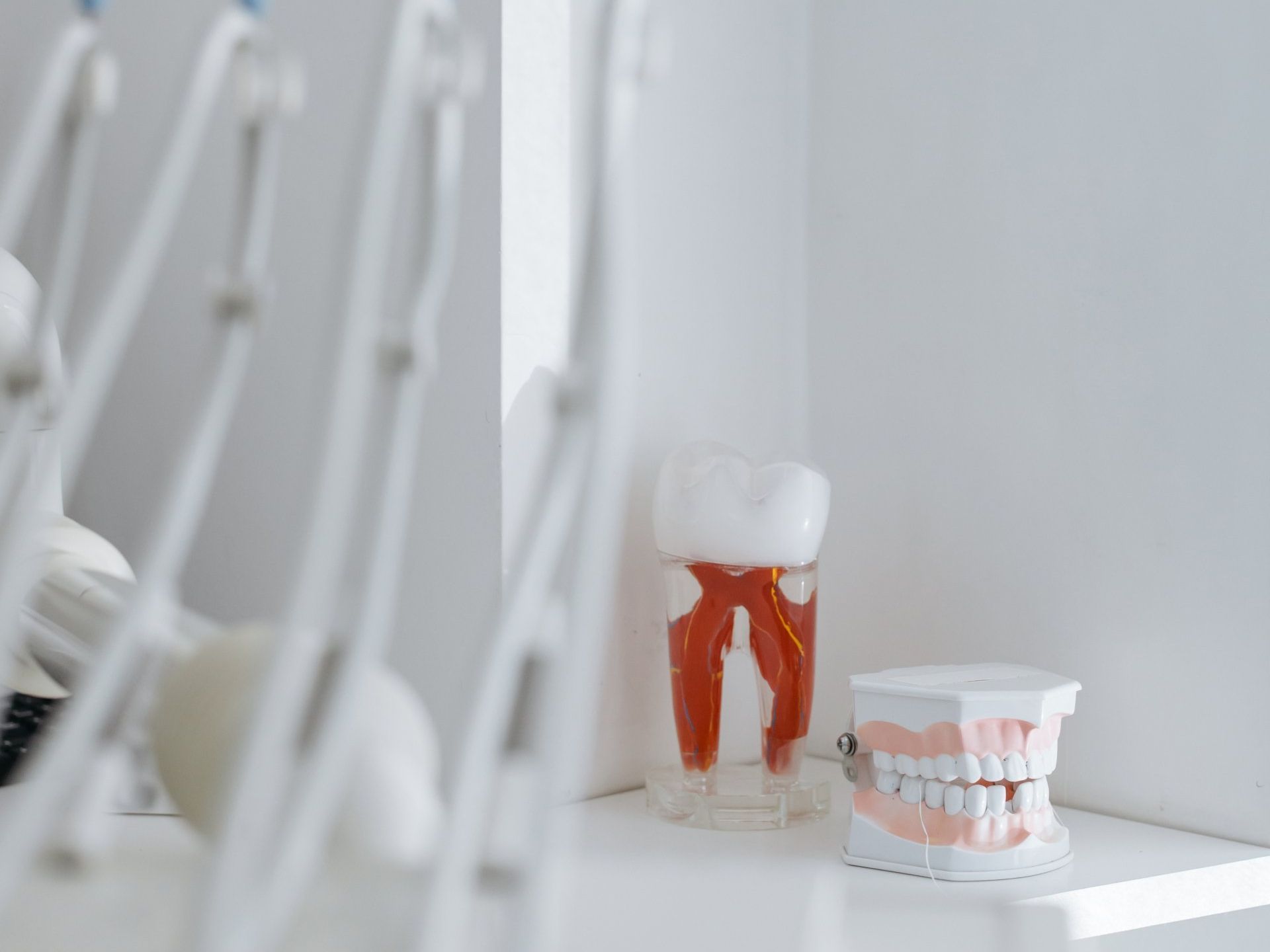 A dental model of a person 's teeth is sitting on a table in a Michigan City Dental Clinic