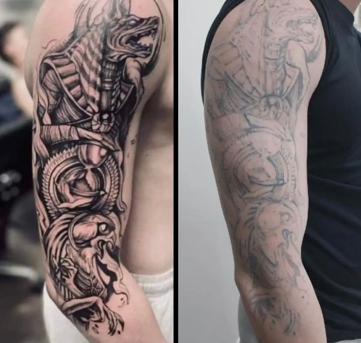 Side-by-side upper arm tattoos: left a detailed black tribal dragon, right a faded sketch-style design — Laserpro Tattoo Removal in Shellharbour, NSW