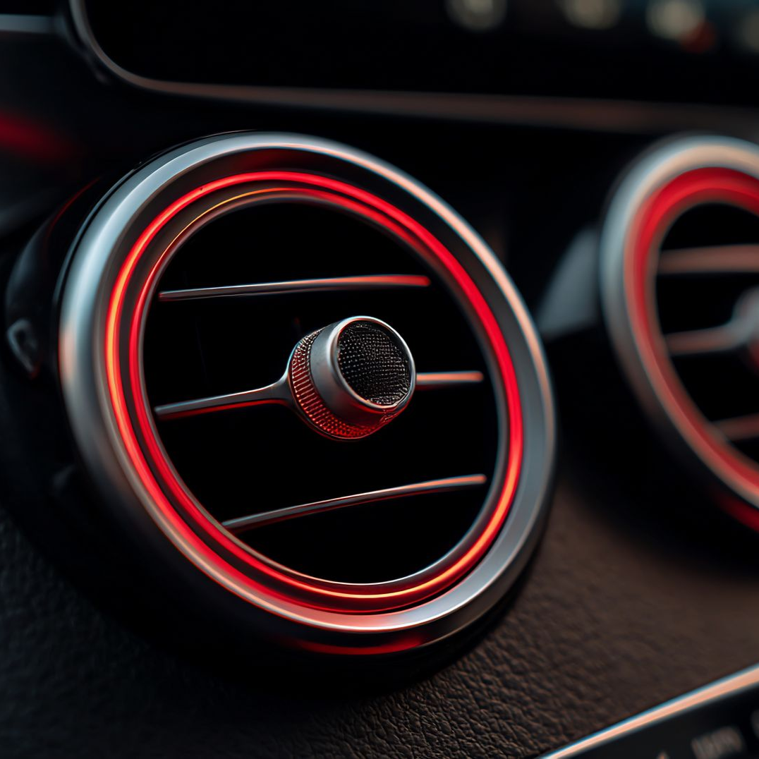Close-up of car's air vent with a silver ring and red ambient lighting.