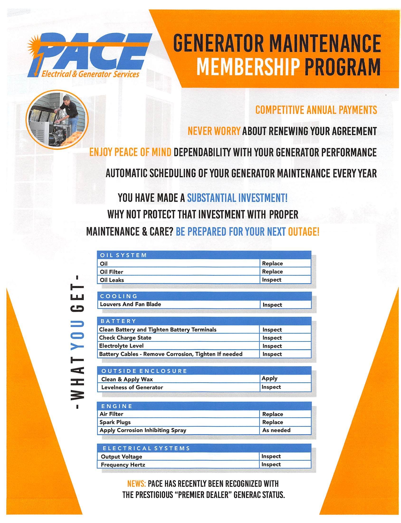 Pace Electrical & Generator Services Maintenace Membership Program Competitive Annual Payments