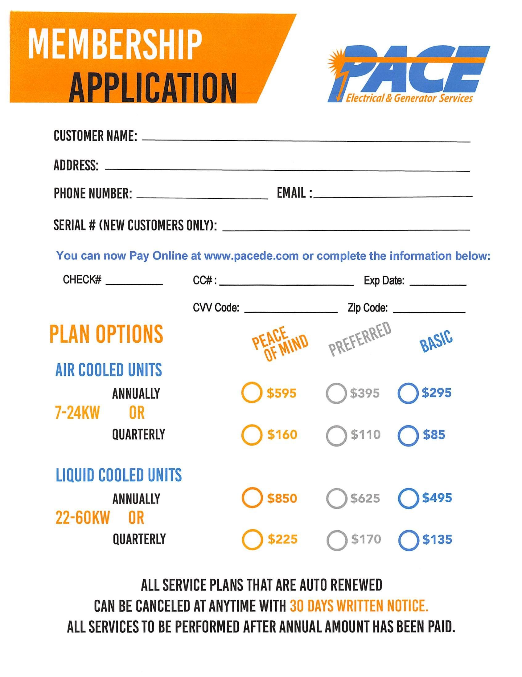 Membership Applicaton Pace Electrical & Generator Services  
