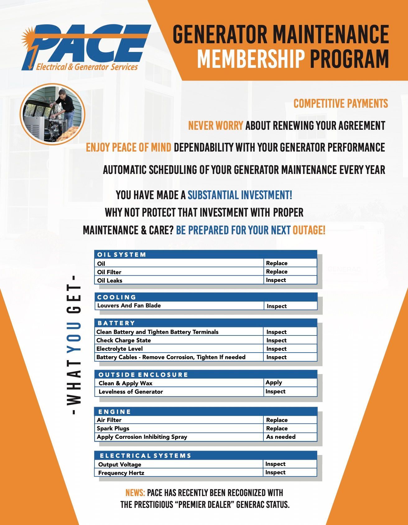 Pace Electrical & Generator Services Maintenace Membership Program Competitive Annual Payments