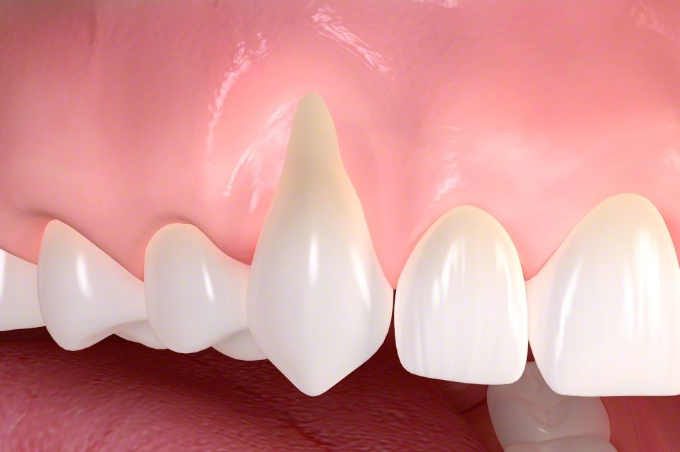 Un primo piano dei denti e delle gengive di una persona.