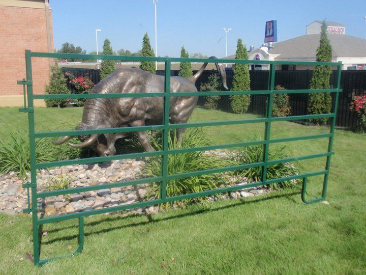 Bronze bull statue behind a green metal fence on a grassy lawn.