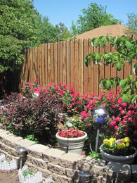 Flower garden with red and yellow blooms, tiered stone beds, and a wooden fence.