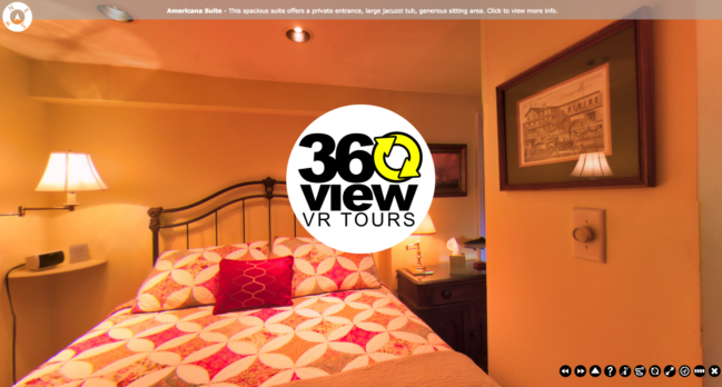 A bedroom with a bed and a sign that says 360 view vr tours