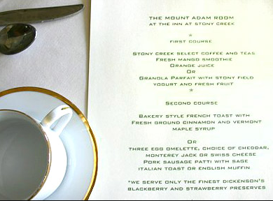 A menu for the mount adam room at the inn at stony creek