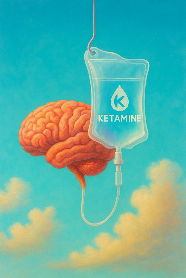Brain next to IV bag labeled 