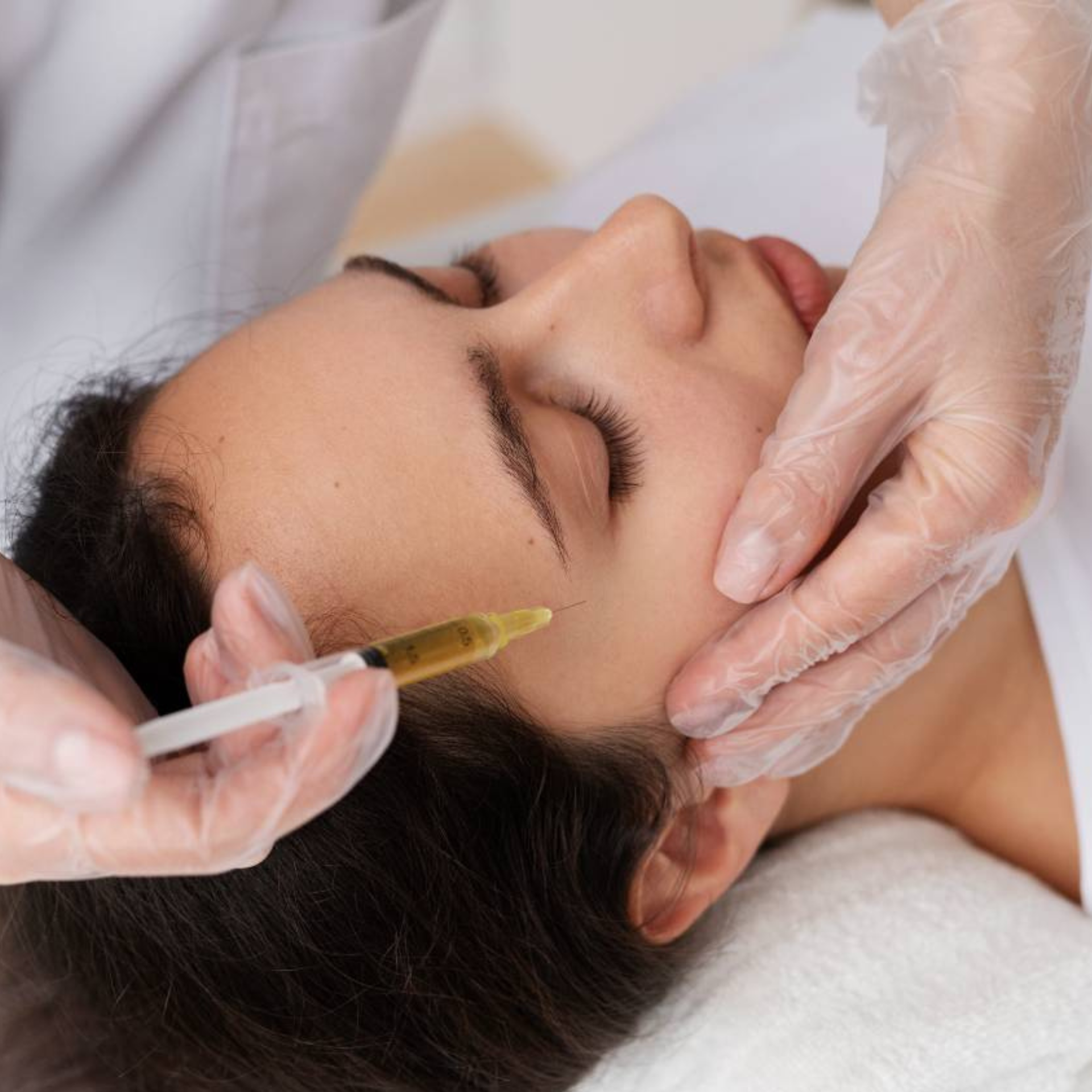 A woman is applying botox to a man 's forehead.
