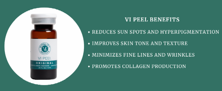 A bottle of vi peel benefits on a green background