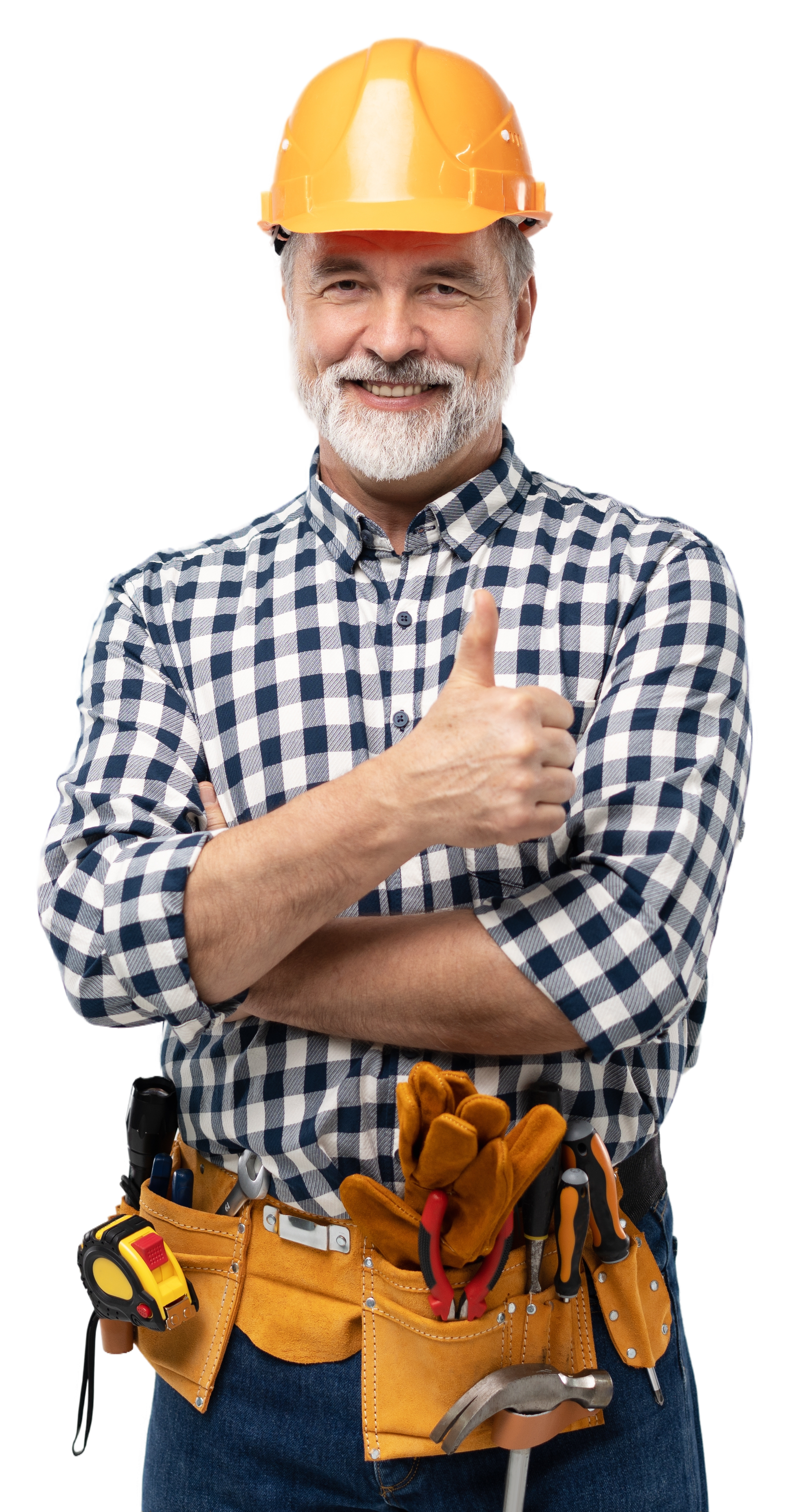 Worker in a yellow hard hat and checkered shirt, smiling with a thumbs-up and tool belt on a white background