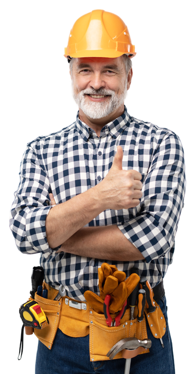 Worker in a yellow hard hat and checkered shirt, smiling with a thumbs-up and tool belt on a white background