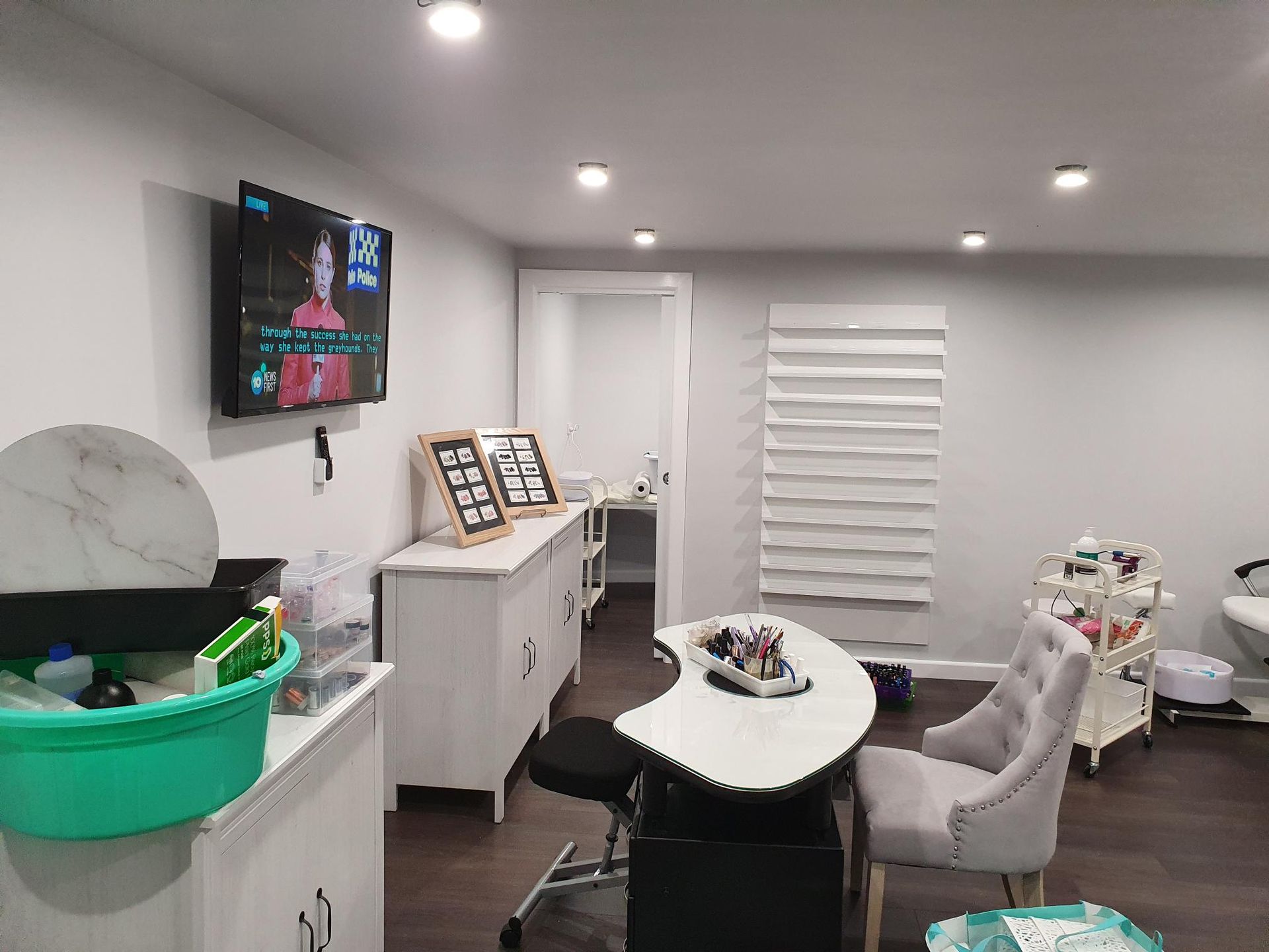 Nail Salon Interior Manicure Table, Chairs, White Cabinets — Mezcon Group in Heidelberg, VIC