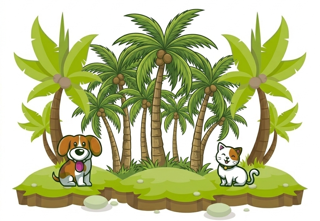 Cane e gatto su un'isola tropicale con palme.