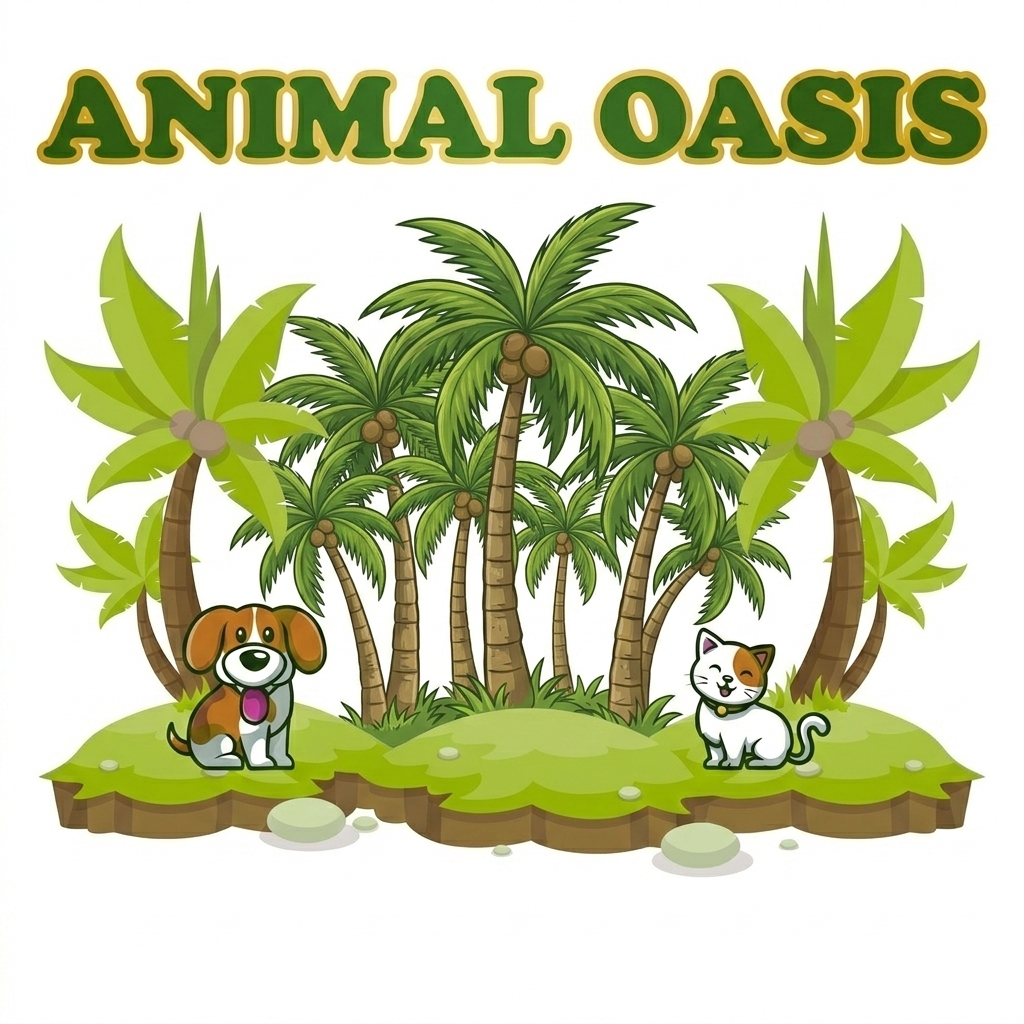 Cane e gatto davanti a un gruppo di palme, sotto la scritta