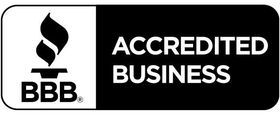 A black and white logo for an accredited business with a flame.