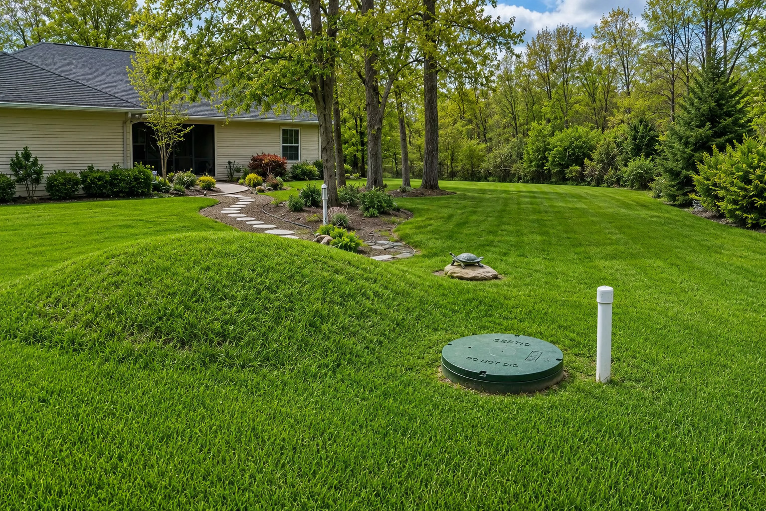 green backyard with sand mound septic system 