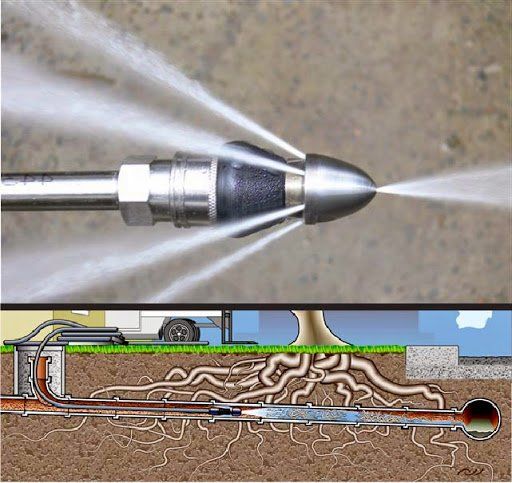 High-pressure water jetting equipment in action, effectively clearing a clogged drain pipe.
