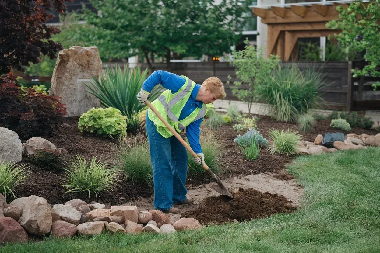 Worker in blue shirt and safety vest digging soil in a landscaped garden bed