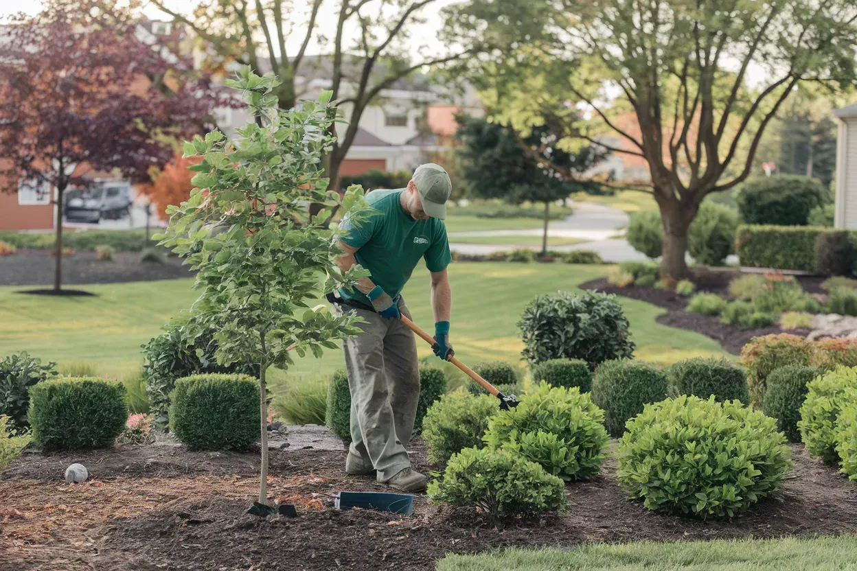 Gardener in green shirt tending shrubs in a landscaped garden with trees and mulch beds