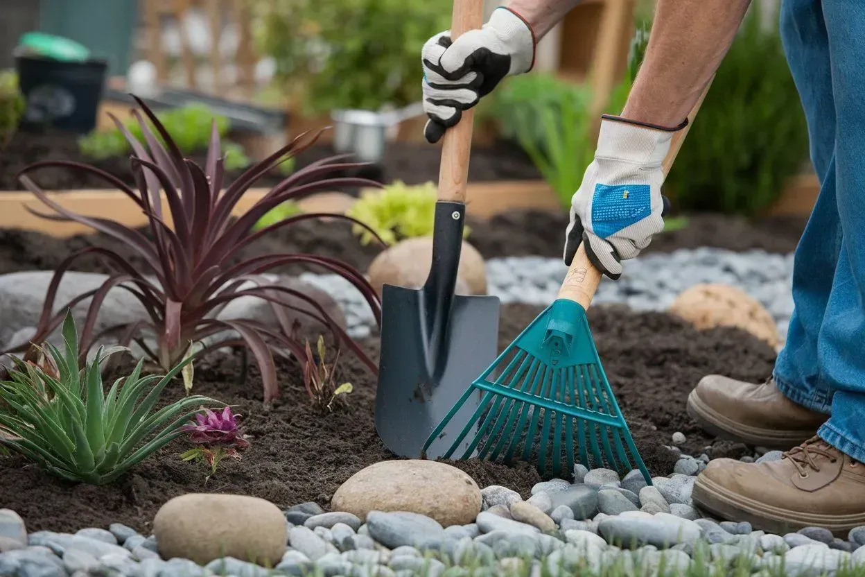 Gardener raking soil in a landscaped garden bed with rocks, plants, and gloves
