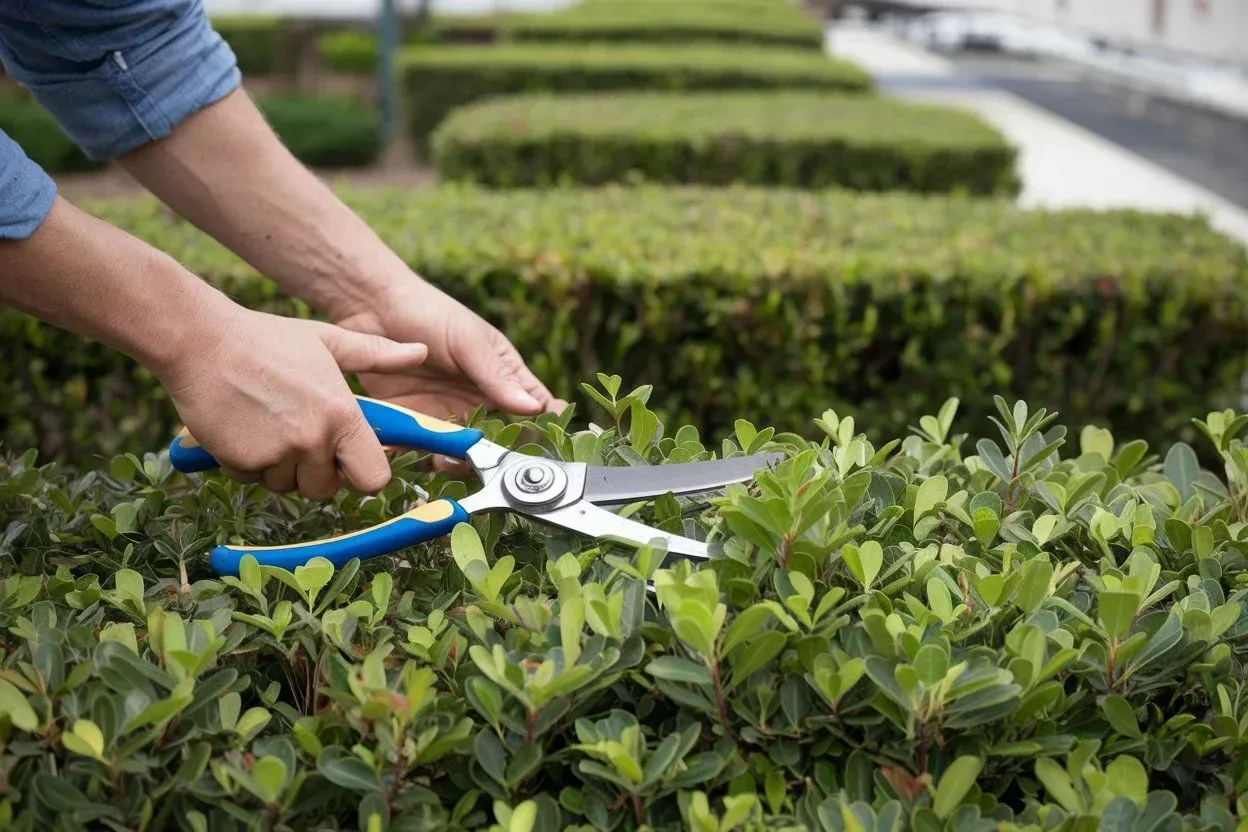 Hands trimming green hedge with blue pruning shears in a garden.