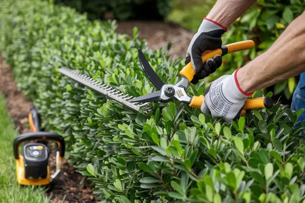 Hands trimming green hedges with hedge shears in a garden, with a small measuring device nearby