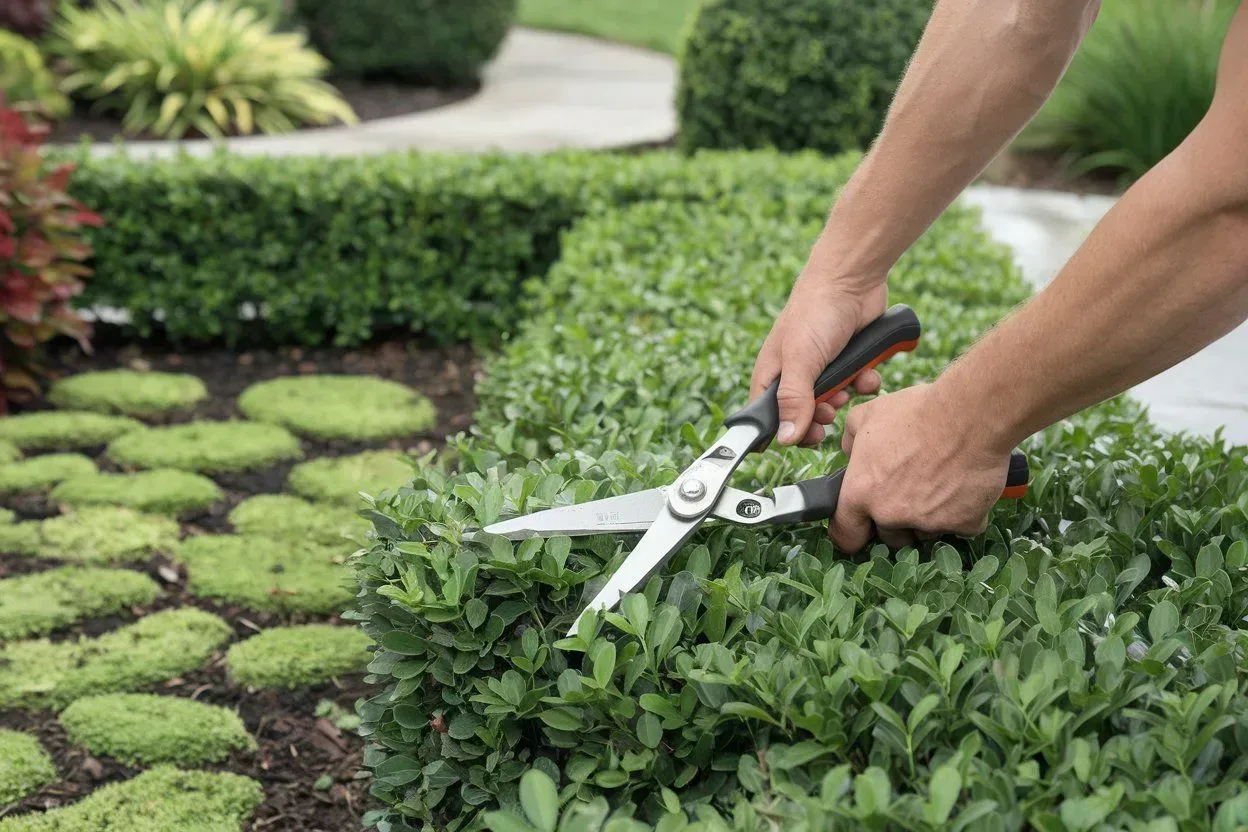 Hands trimming a green hedge with garden shears in a landscaped yard