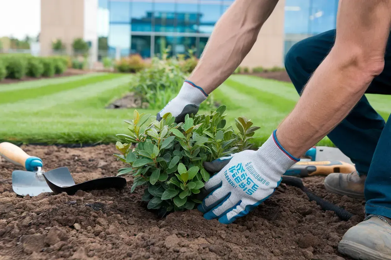 Hands planting a small shrub in fresh soil with garden tools on a lawn