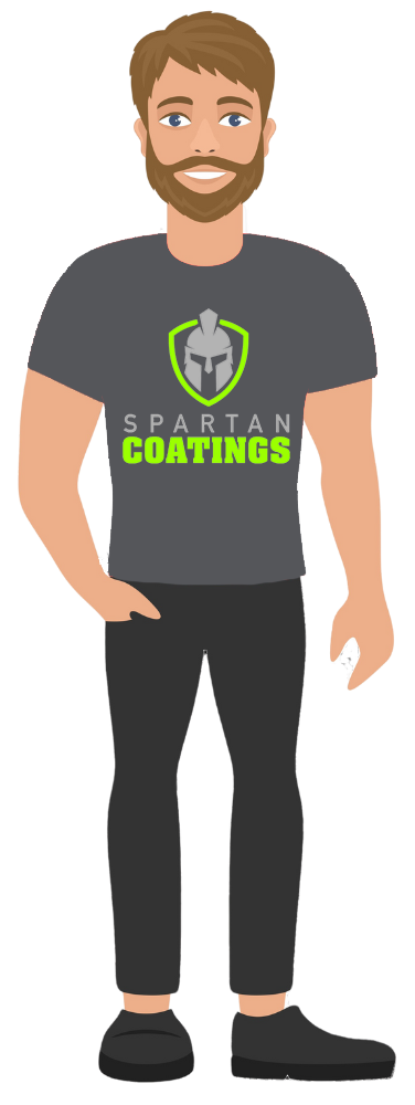 a man with a beard is wearing a spartan coatings shirt