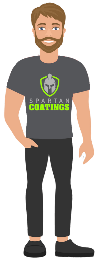 a man with a beard is wearing a spartan coatings shirt