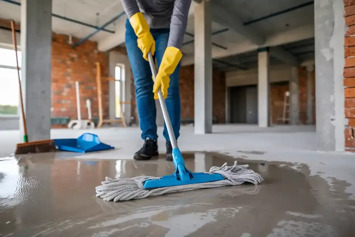 Close-up view of a janitorial worker using a mop to clean the restroom floor, with her cleaning trolley positioned nearby.