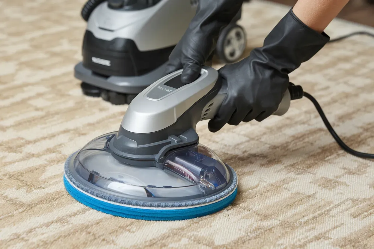 A man is using a vacuum cleaner to clean a carpet in a living room.