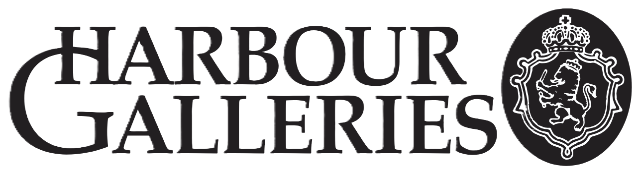 Logo for Harbour Galleries: gold text on a white background with a crest on the right.