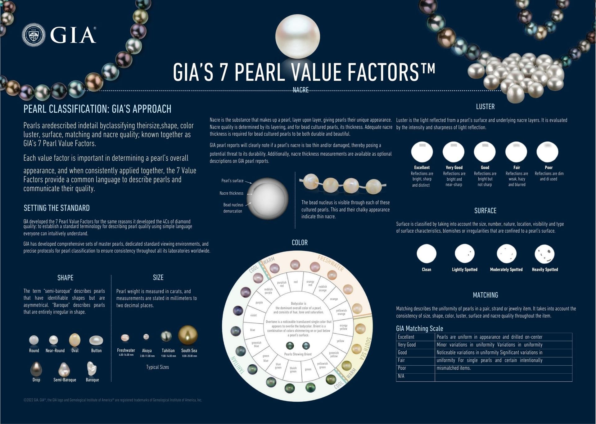 Infographic showing GIA's 7 Pearl Value Factors. Displays pearl shapes, sizes, colors and luster on a blue background.