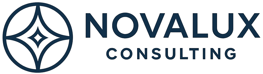 Logo of Novalux Consulting with a circular emblem and text.