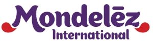 The logo for mondelez international is purple and red
