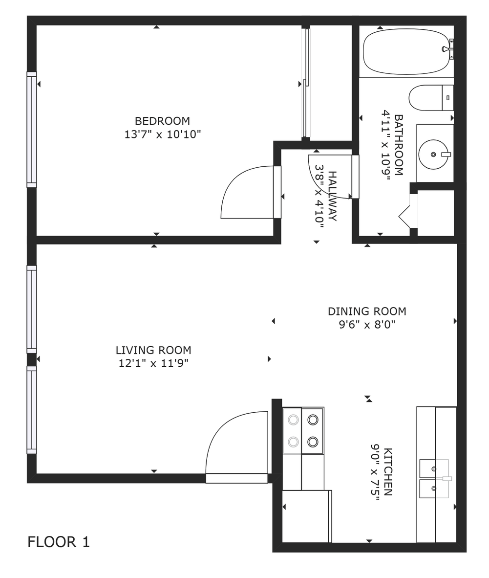 A black and white floor plan of a small apartment.