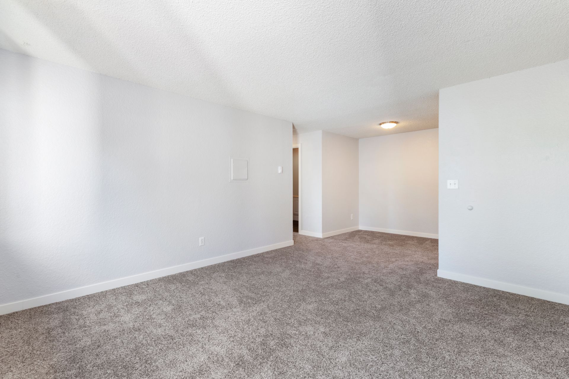 An empty living room with a carpeted floor and white walls.