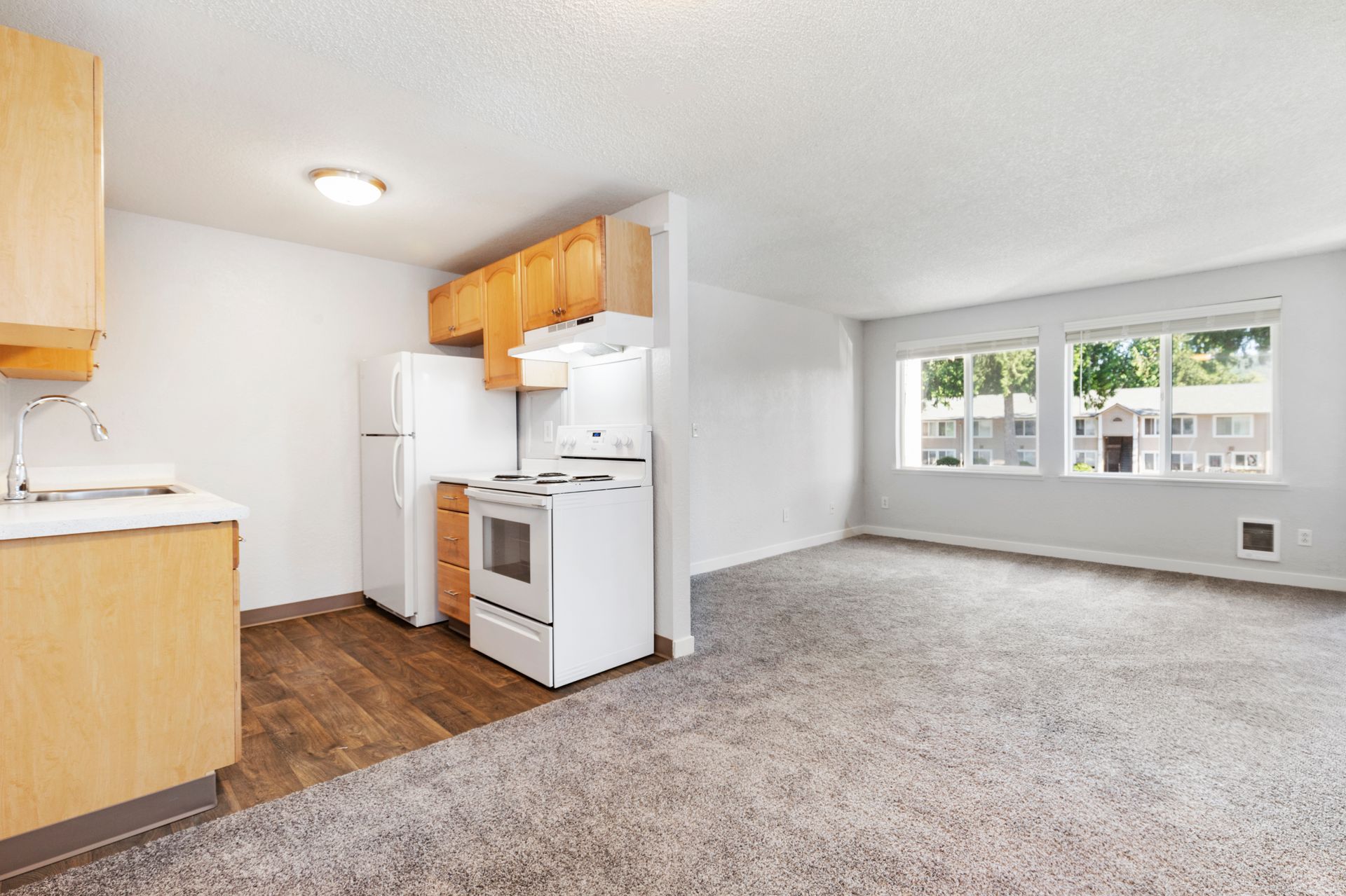 There is a kitchen and a living room in the apartment.