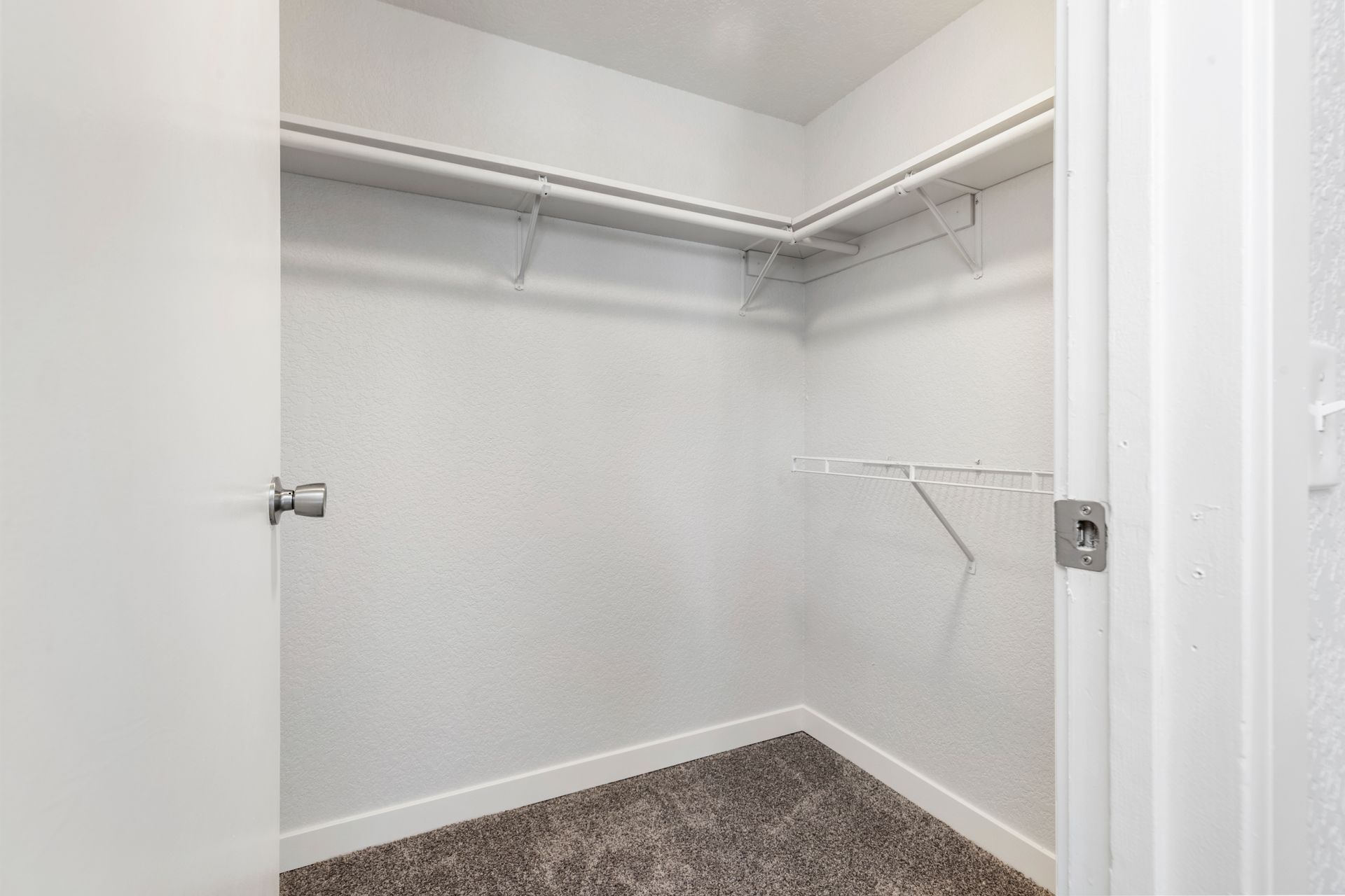 A walk in closet with a carpeted floor and a door.