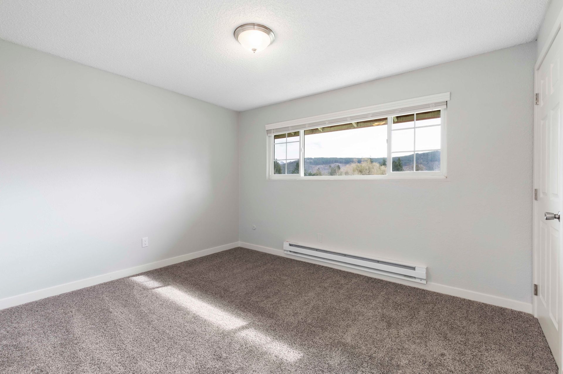 An empty bedroom with a window and a carpeted floor.