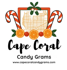 Cape Coral Candy Grams logo: Candy canes, oranges, map, mistletoe. Black cursive text: Cape Coral.