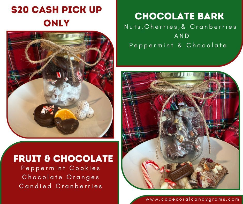 Chocolate bark, fruit & chocolate candy treats for cash pick up only.