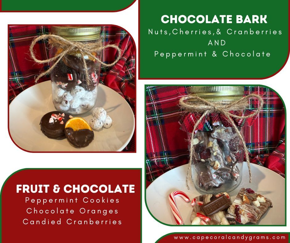 Chocolate bark gifts: jars with nuts, cherries, and cranberries; and peppermint and chocolate. Also, fruit and chocolate treats.