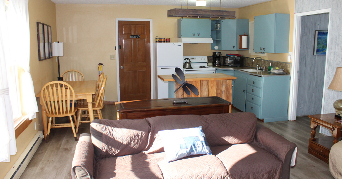 Cozy living room and kitchen with brown sofa, wooden dining table, and blue cabinets in the background